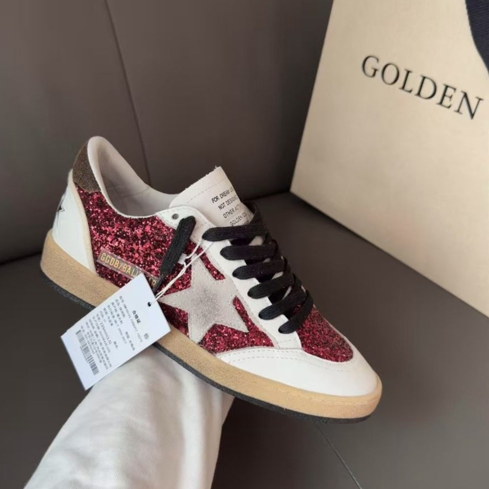 Golden Goose Women's Sneakers with Red Glitter and White Accents